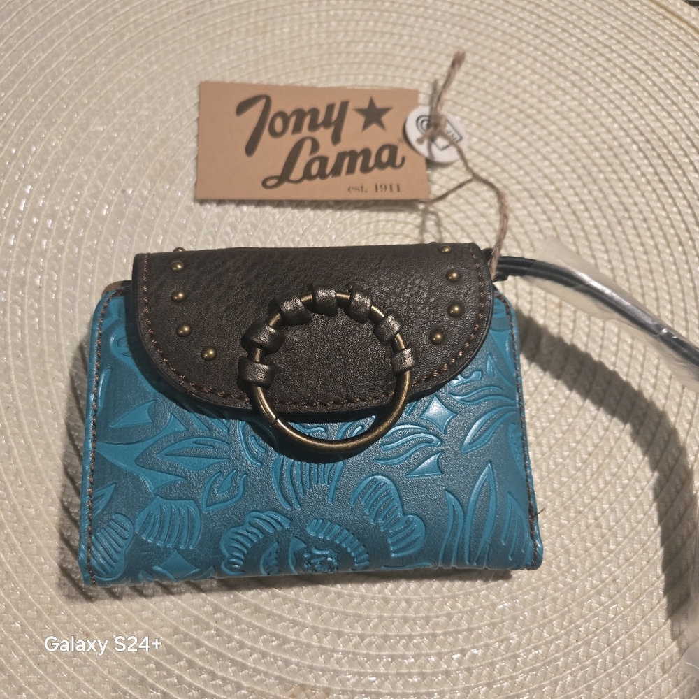 Tony Lama Western Studded Brown Turquoise Tooled Wristlet Wallet NWT